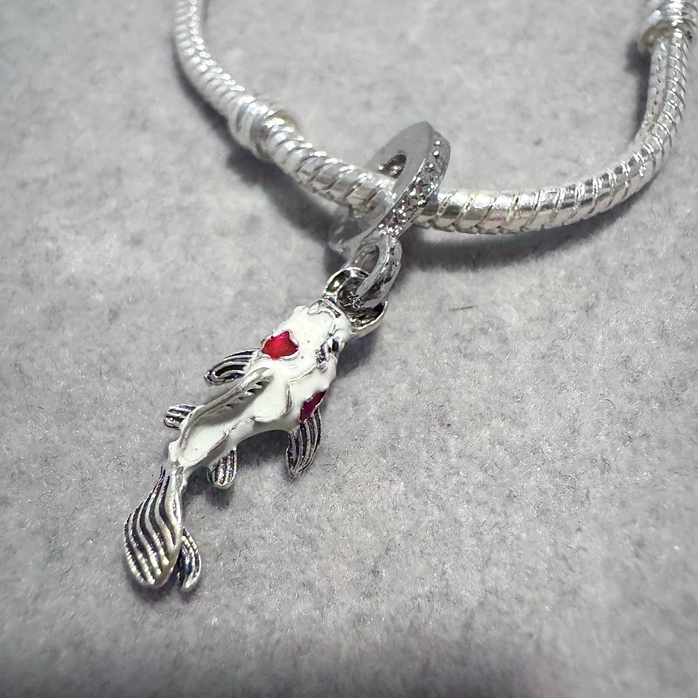 Silver Tone White Koi Fish Charm Bead Red Accents Compatible Pandora Bracelet - Picture 5 of 9